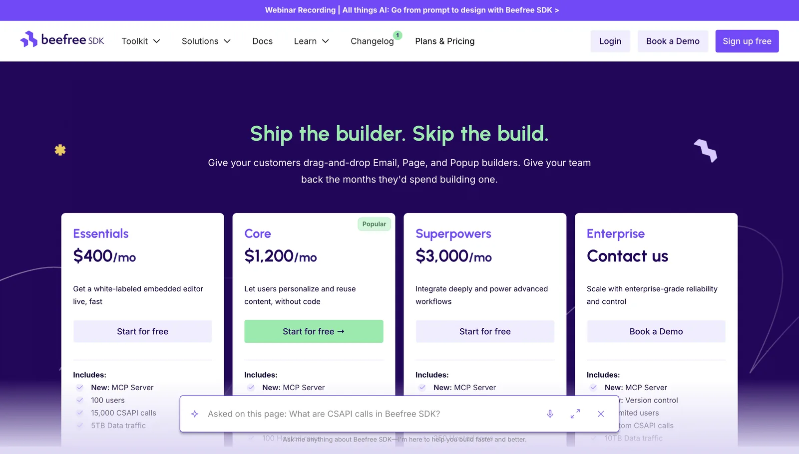 Beefree SDK pricing page with four plan cards