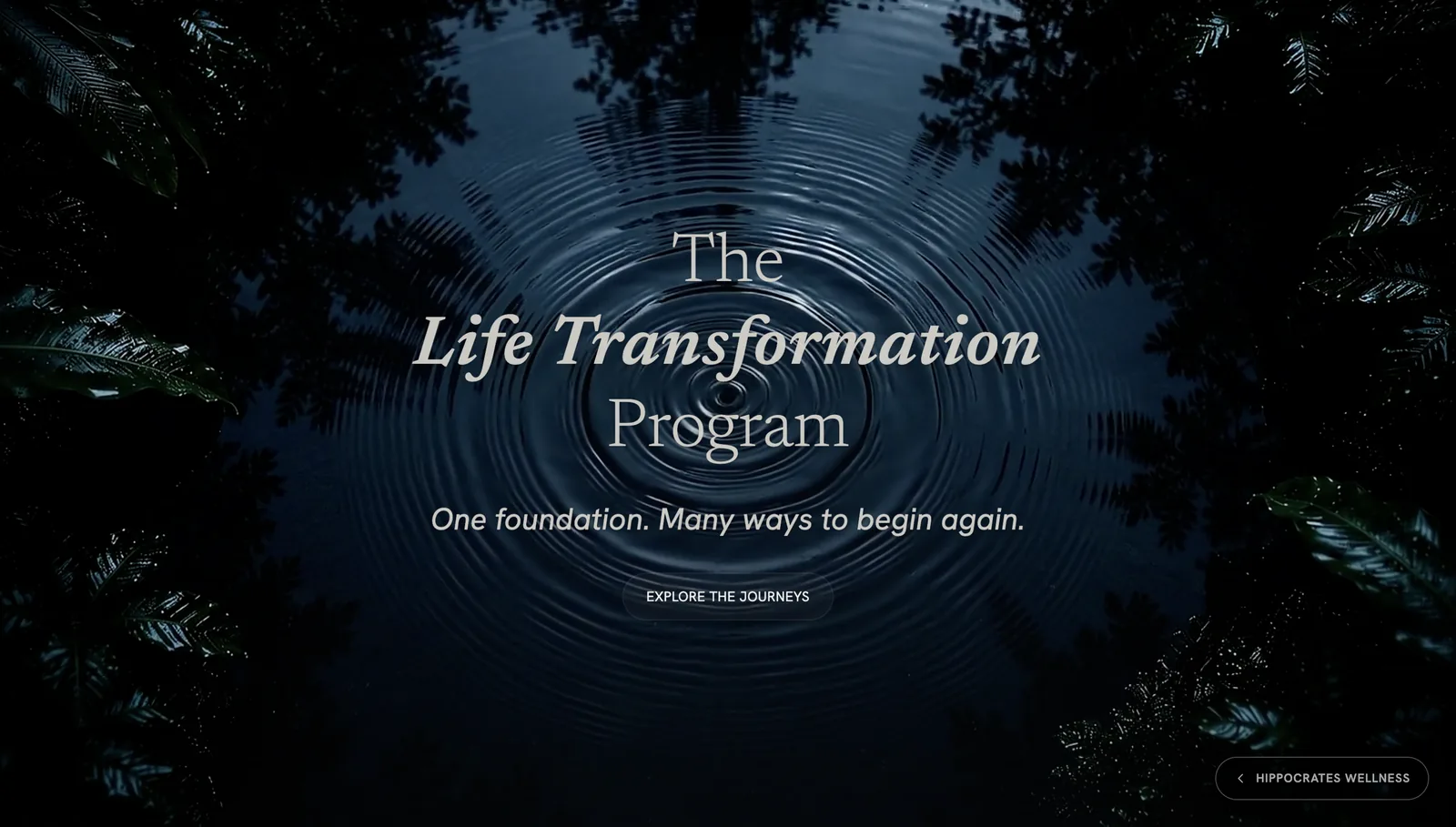 Life Transformation Program landing page hero, serif headline over rippling water