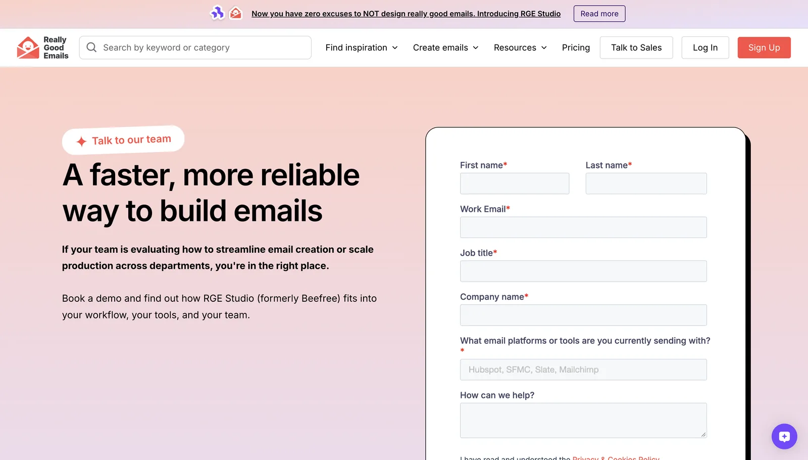RGE Studio demo request page with form
