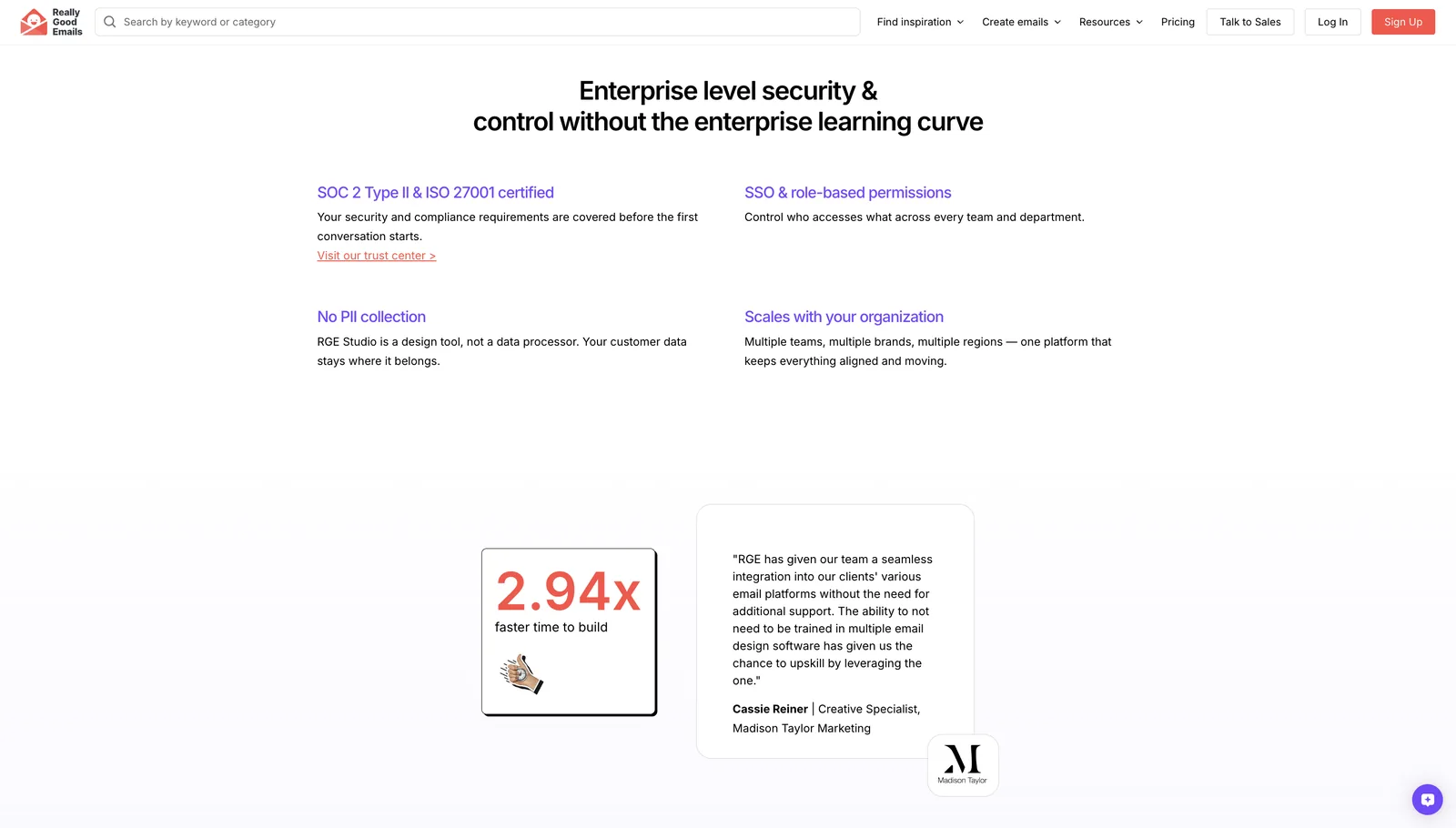 Enterprise security section with four feature statements
